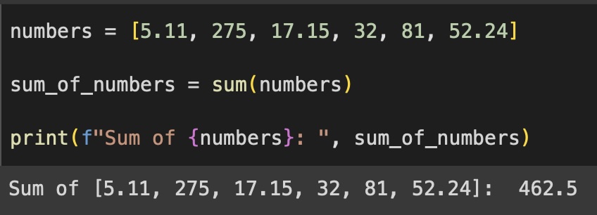 Python Sum of numbers as elements of a list example